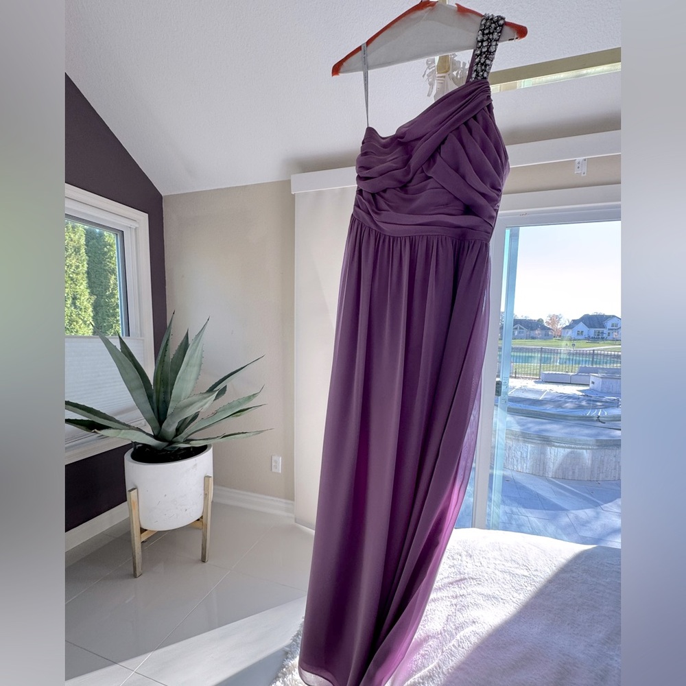 Alfred Angelo Orchid floor length gown with bling on shoulder strap